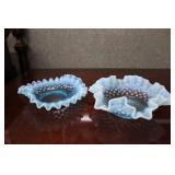 2 Ruffle edge hobnail blue & clear candy dishes,