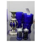 Two silver over cobalt overlay dishes & pair