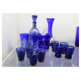 13pcs cobalt etched glassware - decanters, shot