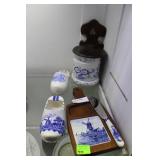 Blue & white salt basket, shoes & cheese tray