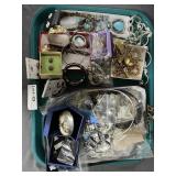 Stacked tray costume jewelry: Anne Klein watch,