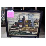 Fishing Village scene, painting on canvas, black