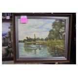 Surrealist style City scene by the lake, signed
