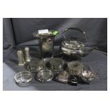 Silverplate: coasters, vase, trinkets, teapot &