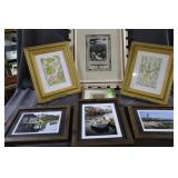 Seven pcs petite framed art incl wine labels, &