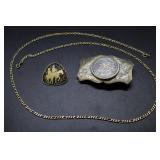 Morgan dollar belt buckle, watch & necklace