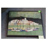 Artist signed acrylic on canvas of boats in