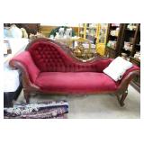 Hardwood framed red velour sofa Heavily carved