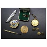 Swank Onyx lapel pin, enamel pill box, Florida NY