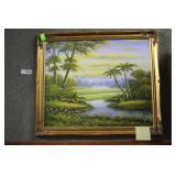 Tropical waterway Oil on canvas in gold frame