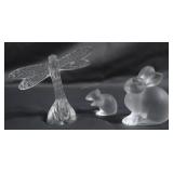 Three Lalique animals: Rabbit, mouse & dragonfly