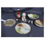 Two Nippon nut dishes, Qwepie baby, Dragon vase,