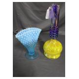 Handblown yellow/blue art glass vase & Hobnail