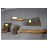 Early wood handled hatchet in sheath & Meat
