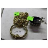 Brass Lion Door knocker & olive forks with cobalt