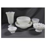Four pcs milk glass - Vase, ruffle top pie plate,