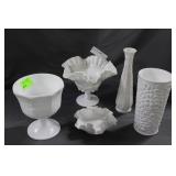 Five pcs Milk glass: grape pedestal bowl, ruffle