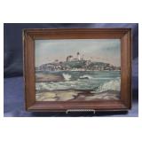 Petite acrylic on board coastal light house 10x13