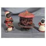 Three contemporary cast iron banks: pagoda, Aunt