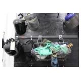 Four welding helmets, hard hat, welding sleeves