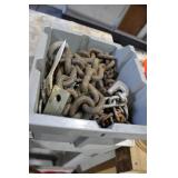 Box assorted chains & pieces & tie down hooks