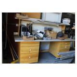 Wooden shop desk with contents incl. electrical me