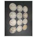 Twelve Barber Half Dollars: (10) 1908, 1898, 1907