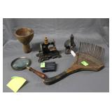 Antique wood hand rake, funnel, Kids sewing