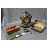 Brass table clock, Dragon metal box, incense