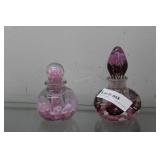 Two Gibson stoppered pink weighted decanters