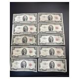 Ten US $2 Red Seal Certificates