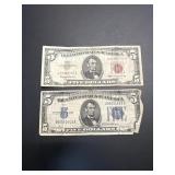 One US $5 Red Seal and One US $5 Silver