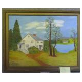Farmhouse by Lake, on board, signed Hazel R.