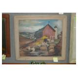 Old Red Barn farm scene w/ pigs & chickens on