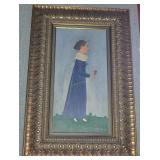 Victorian Lady w/ rose on canvas, ornate frame w/