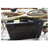 Wooden machinest chest & three wooden tennis