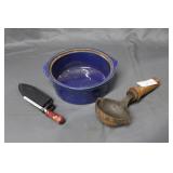 Lead melting pot, USA pottery dish, & knife