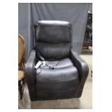 Brown leather lift recliner w/ controls, 40"d x