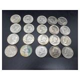Twenty Kennedy Half Dollars: (4) 1964, (3) 1967,