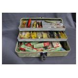 Resin tackle box with vintage wood lures, rubber,