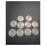 Ten Walking Liberty Quarters: 1936, 1937, 1938,