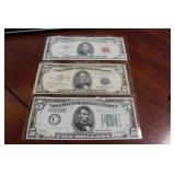 Three US $5 One 1963 Red Seal, One 1953A Silver