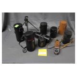 Eight lenses and camera stand - Sigma, Sekonic,