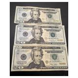 Three US $20 Star Notes: 2009, 2013, 2017