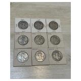 Nine Standing Liberty Half Dollars: 1918, 1940,