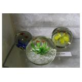 Paperweights   3  art glass floral with insects.