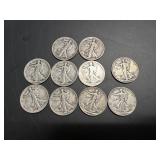 Ten Walking Liberty Half Dollars: 1917, (2)1918,