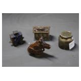 4pcs - toy chest tin, Moose pipe, tin train car,