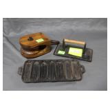 Cornbread mold, bacon press & wooden pulley