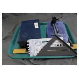 Framing square, wooden ruler, asst. plastic gauges